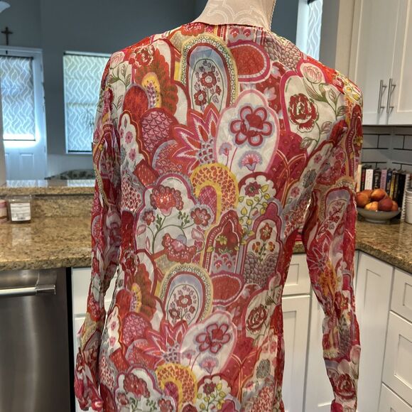 Manuel Canovas Womens Long Sleeve V Neck Floral Shift Dress 100% Silk 8 10 - Picture 8 of 16